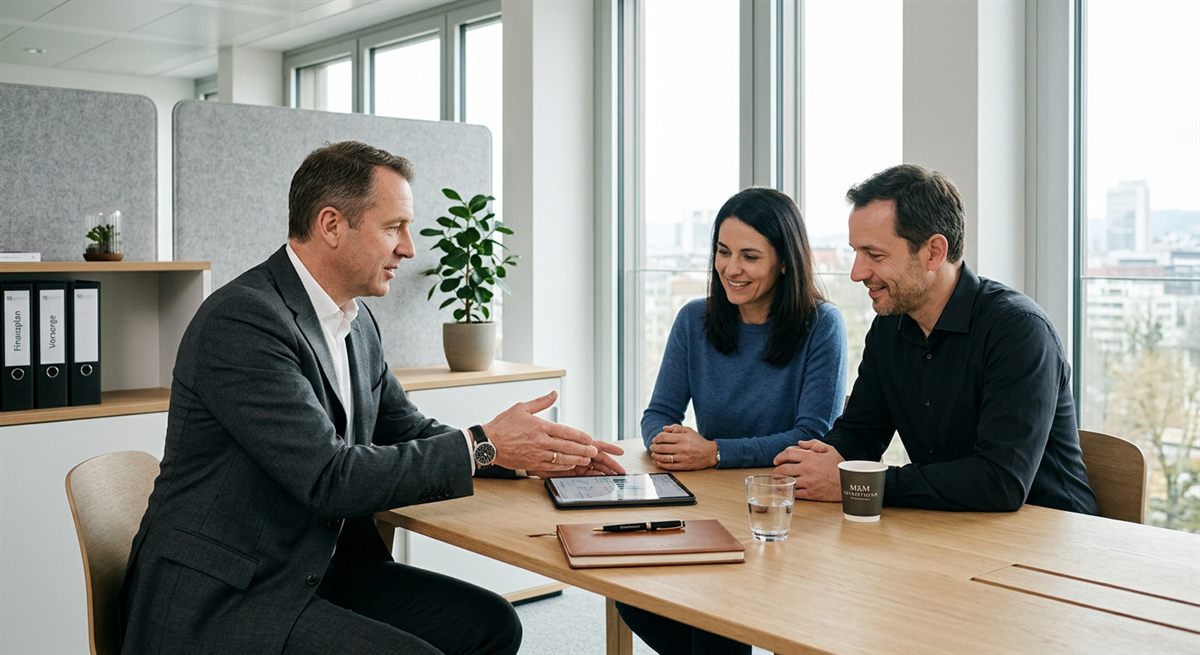 Berater empfängt Kunden im Büro von VP Finance